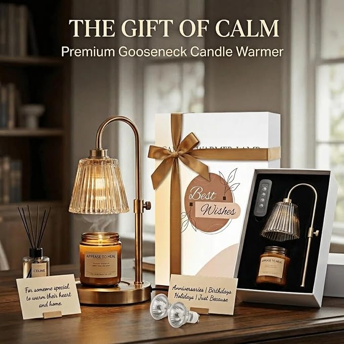 Candle Warmer Lamp with Timer and Dimmer, Adjustable Height Jar Candle Wax Warmer, Flameless Halogen Heat, 2 Replacement Bulbs, Gifts for Women Mom, Living Room Bedroom Decor Gold