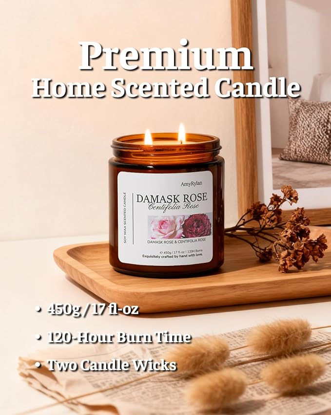 2 Wicks 17oz Large Non-Toxic Soy Wax Scented Candle, Damask Rose&Centifolia Rose 120 Hours of Burn Time, Long Lasting Candle for Gift, Cost-Effective Candle for Home Fragrance, Aromatherapy