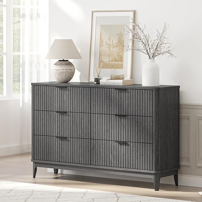 Fluted 6 Drawer Dresser for Bedroom,53'' Wide Large Closet Dresser 6 Chest of Drawers,Wooden Storage Organizer Drawer, Modern TV Stand for Bedroom, Living Room Hallway Black