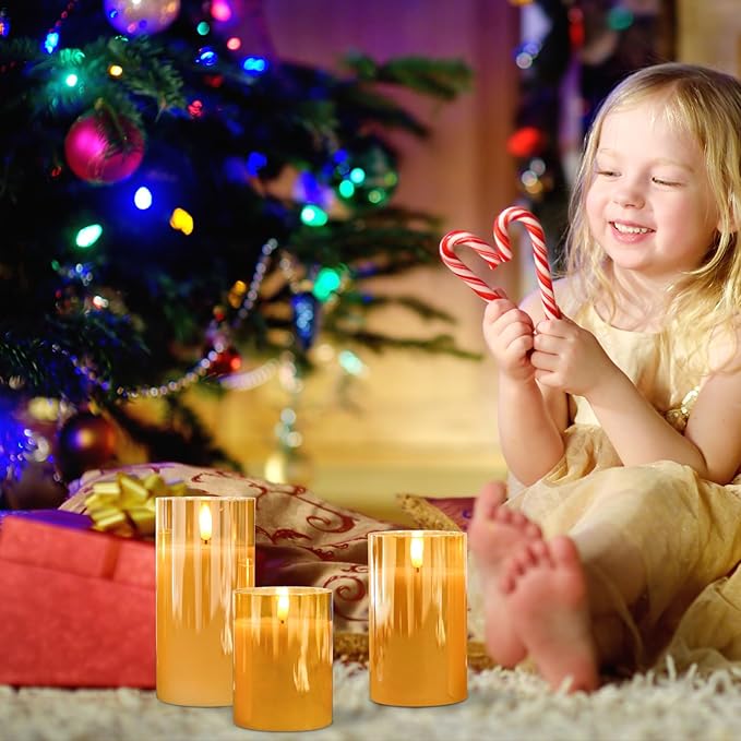 Rechargeable Candles with Remote, Rechargeable Flameless Candles with Timer, LED Battery Operated Candle with 3D Wick and Charging Cable for Halloween Christmas Decor(Gold)