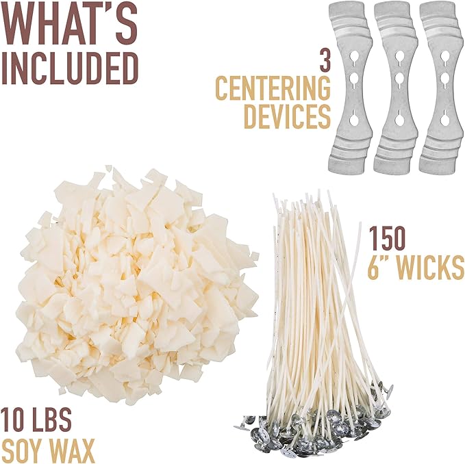 Oraganix 10 lbs Soy Wax DIY Candle Making Kit with 150 Pre-Waxed 6-Inch Wicks and 3 Centering Devices - Smooth Burning Wax for Craft Projects and Scented Project Creations