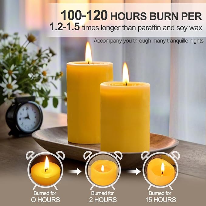 Beeswax Pillar Candles, 2 Pack Large 3"x6" Unscented Candles, Mothers Day Gifts, 240 Hours Long Burning Emergency Candle, Pure Bees Wax Candles for Home, Candle for Birthday Christmas