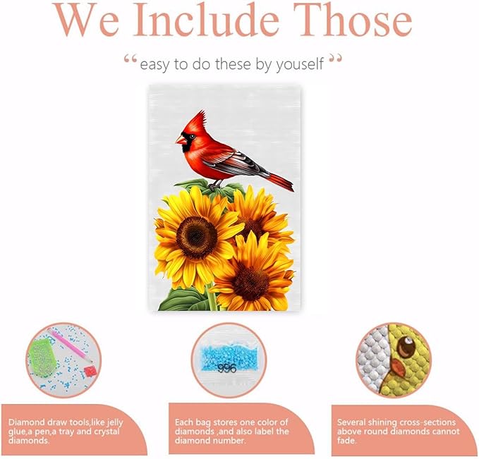 GUAIEUW Sunflower Red Bird Diamond Painting Kit for Adults, Full Round Diamond Cardinal Bird 5D Diamond Painting DIY Art Crafts for Winter Home Wall Decor Holiday Gift 20x24 Inch