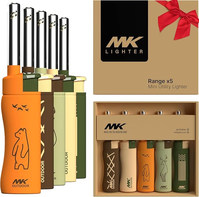 MK Lighter 5pcs. Outdoor Series Candle Lighters, Windproof Torch Flame, BBQ Grills, Camping Lighters, Outdoor Activities, Refillable Butane, Multipurpose Lighters (Assorted-5pc)