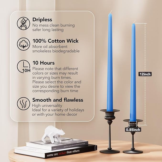 12-Inch Tall Dripless Taper Candles Set of 4 - Baby Blue Tapered Candles, Perfect for Spring - Smokeless, Unscented, Long Burning - Hand Poured, Colored Tall Candlesticks - Light Blue