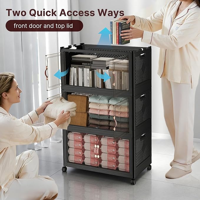 UAMFURI Stackable Storage Bins with Lids, 360QT Closet Organizers, Lockable Storage Cabinet, Foldable Storage Box with Doors and Wheels, Plastic Drawers for Home, Garage, Office (3, Black, Large)