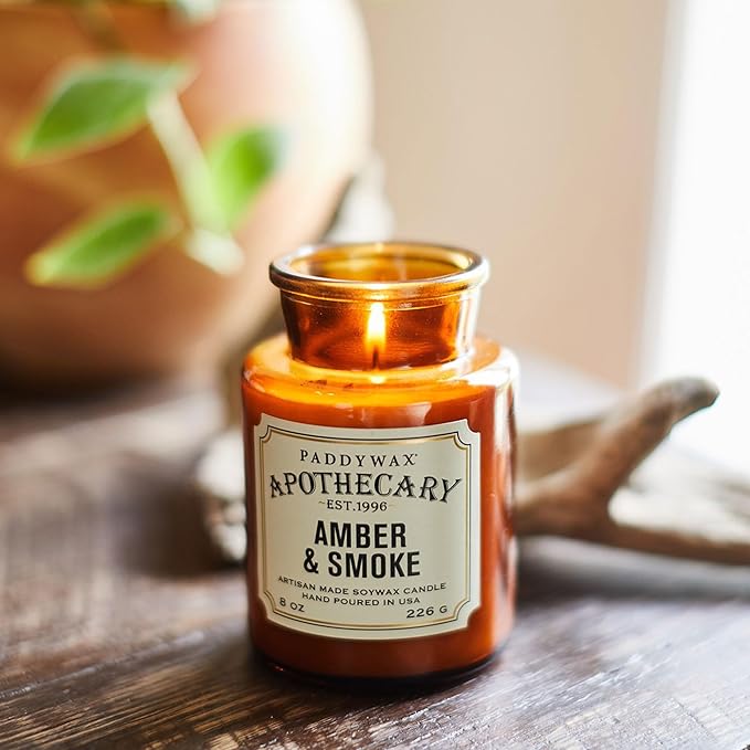 Paddywax Artisan Apothecary Scented Candle with Lid in Reusable Glass Jar, Clean-Burn Soy Candle with Approx. 54 Hour Burn Time, Amber & Smoke, 8 oz.