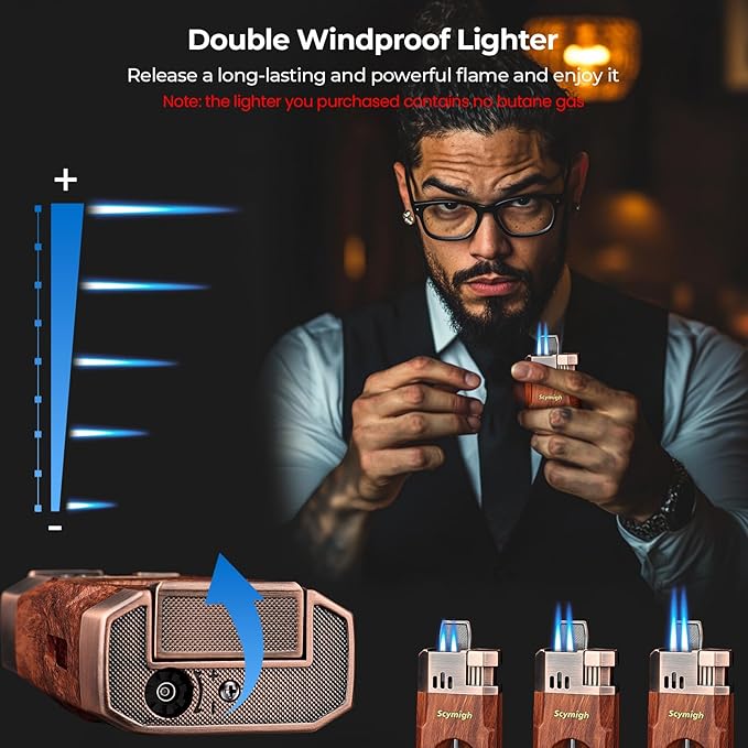 Torch Lighter, All-in-one Windproof Lighter with Tool, Holder, Dual Jet Flames, Refillable Butane Lighter for Candle, Travel, Multifunctional Accessories, Gifts for Men(Butane not Included)