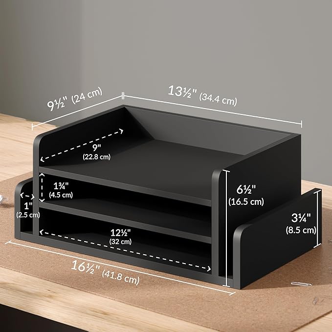 Ballucci 3-Tier Desk Organizer with 2 Side Mail Sorter Slots, Wood Letter Tray, Open Top Paper Organizer, Desktop File Organizer, Black