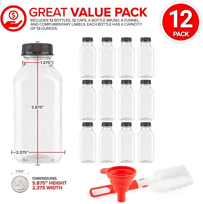 12 oz Juice Bottles with Caps for Juicing (12 pack) - Reusable Clear Empty Plastic Water Bottles - Drink Containers for Mini Fridge, Juicer Shots Includes Labels, Brush & Funnel