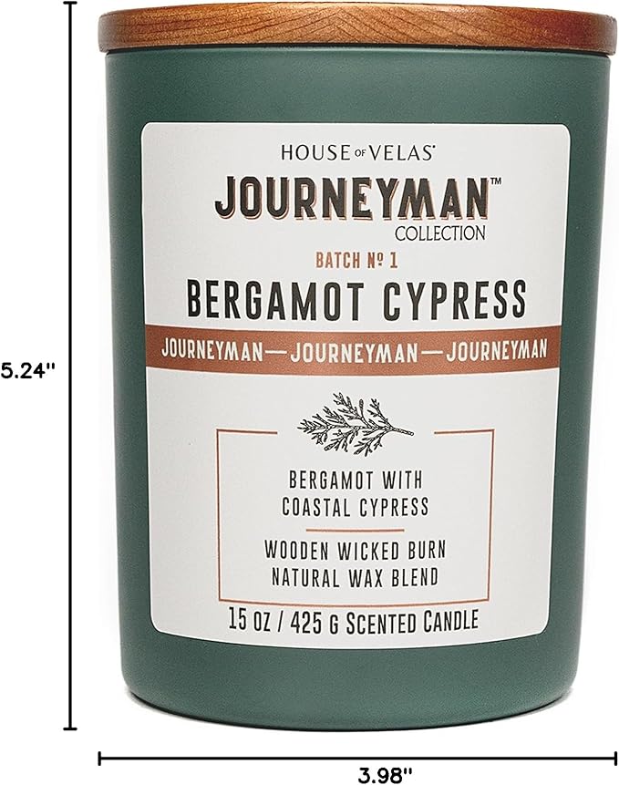 Journeyman Collection Candle, 15oz, Wooden Wick, Bergamot Cypress, Large Painted Jar