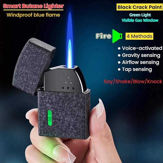 Smart Butane Torch Lighter with 4 Ignition Methods, Voice Activated Windproof Lighter, Straight Jet Blue Flame Refillable Lighters for Candles, Camping (Fuel Not Included) (Gold)