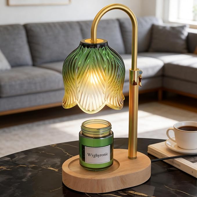 Candle Warmer Lamp with Adjustable Height - Flameless 4-Level Dimmable Wax Warmer, Timer Function & Stylish Design in Multiple Colors (Green Wood Base)