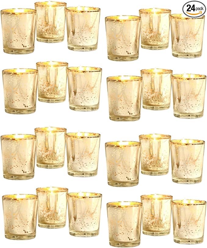 Hosley Set of 24 Gold Mercury Filled Glass Votive Candles. Ideal Gift for Weddings, Bridal Showers, Parties, Home Decor, and Special Events