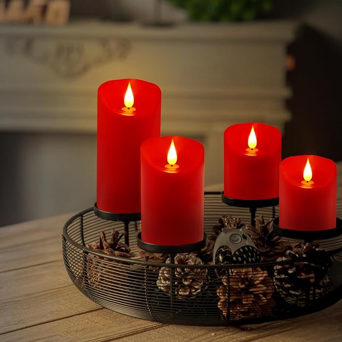ALED LIGHT Red Real Wax Rechargeable Candles Flickering Realistic,Flameless Candles Rechargeable with Remote for Home Decor Idea Gift，Pack 3(D 3”X H 4”5”6”)