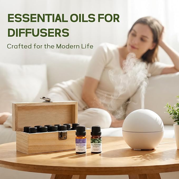 Essential Oils for Diffusers for Home - 12x10ml, for Candle Making, Natural Scented Oils for Diffuser, Humidifier, Spa & Gifts with Wood Box - Lavender, Peppermint, Sweet Orange, Tea Tree &More