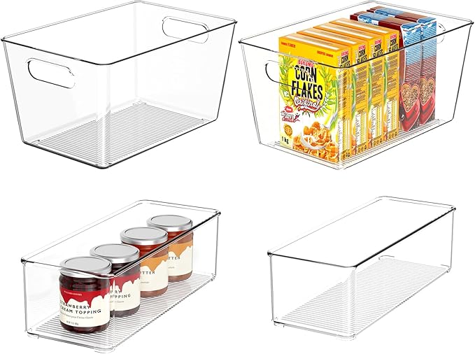 Set of 4 Clear Plastic Storage Bins, 2 Large +2 Small Pantry Organizers and Storage Containers for Kitchen Organization, Home Storage Essentials for Cabinet, Office, Garage, Freezer& Bathroom