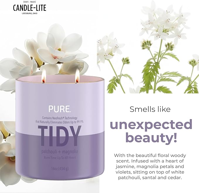 Candle-Lite Pure Patchouli & Magnolia Odor Eliminating Scented Candles, Neofresh Technology Eliminates 99.9% of Odors, 16 oz 2-Wick Jar, Proudly Poured in The USA, Up to 60 Hours Burn Time