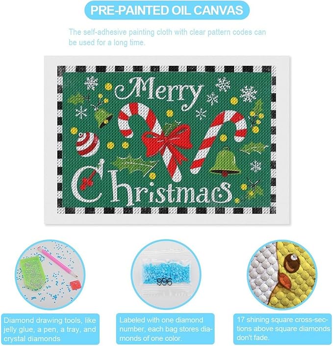 AIVKIEJK Diamond Painting Kits for Adults - Festive Merry Christmas Red Bow, Candy Cane & Bell Painting DIY 5D Full Drill Diamond Dots Paintings with Diamonds Gem Art and Crafts Home Decor 8"x12"