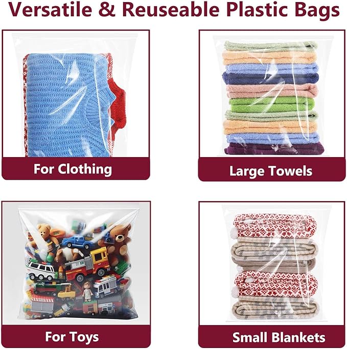 Extra Large Plastic Bags With Zipper Top, 24x32in,3-Mil Thick,5 Pack,Storage Bags for Clothes,Travel, Moving, Reusable,Heavy-Duty,BPA-Free, Clear Plastic
