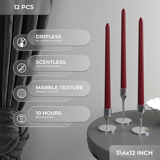 CANDWAX 12 inch Burgundy Taper Candle Set of 12 - Unscented Smokeless Dripless Candlesticks - Candle Sticks for Christmas Decorations, Party Décor, Dinner Table Centerpieces - Burgundy Tapers