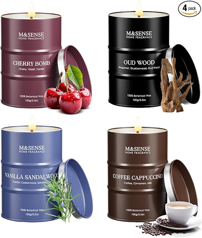 M&SENSE Spring Candles Set | Holiday Scented Candles Gift Set | 4 Pack Candles for Home Scented Candle,Cherry Vanilla Oud Sandalwood Coffee Candle,Gift Set for Women and Men,Soy Wax 14 oz