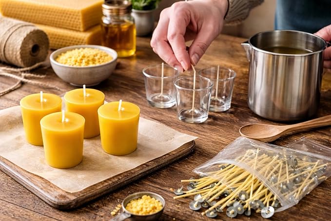 Votive Candle Wicks 80 Count – #2/0 Beeswax Coated Square Braid Cotton Wicks with Aluminum Base, 3" Candle Making Supplies