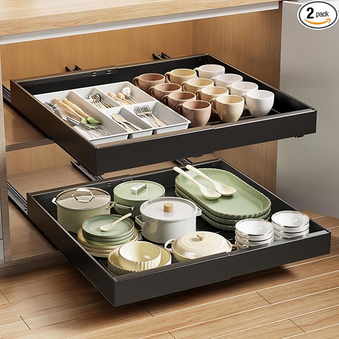 MUSTORN 2 Pack Pull Out Cabinet Organizer Expandable, 21"Deep Slide Out Drawer for Cabinets Adhesive Pull Out Drawers Heavy Duty Pull Out Shelves for Kitchen, Cupboard, Pantry, Bathroom(Black)