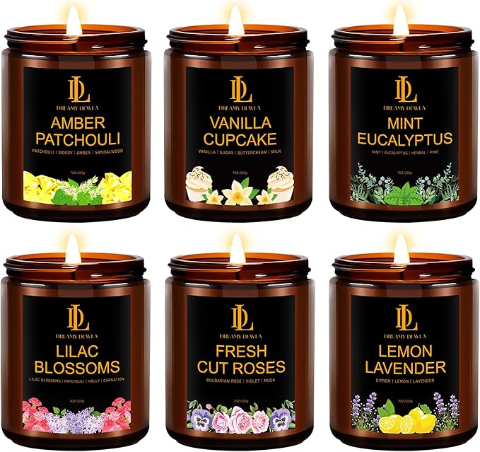 6 Pack Candles for Home Scented, Candles Gifts for Women Men, 42oz Soy Candle Set, Scents of Roses/Lemon Lavender/Vanilla Cupcake/Amber Patchouli/Lilac Blossoms/Mint Eucalyptus