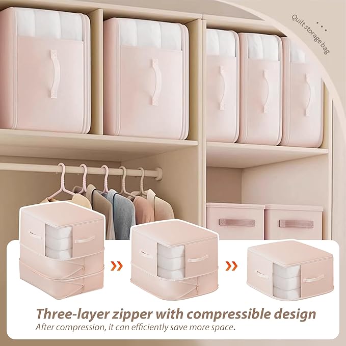 Veki Comforter Storage Bag, Space Saving Self Compression Foldable Blanket Storage Bags, Closet Organizer With Handle and VisualiZation Window, Large Capacity 130L for Bedding, Clothes (Pink, XL)