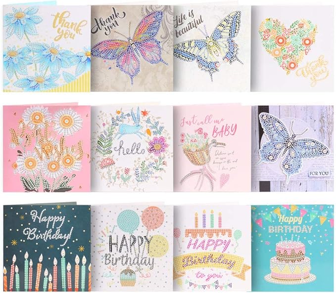 12pcs Painting Christmas Postcards Christmas Embroidery Kit 5D DIY Painting Greeting Card 15x15cm Art Craft for Birthday Festival