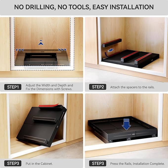 Pull Out Cabinet Organizer With Raising Pad for Framed Cabinets,Adjustable Depth(15.7"-24.4") And Width(12.8"-20.5"),Slide Out Drawers,No Drill Design,Heavy Duty Storing,Black