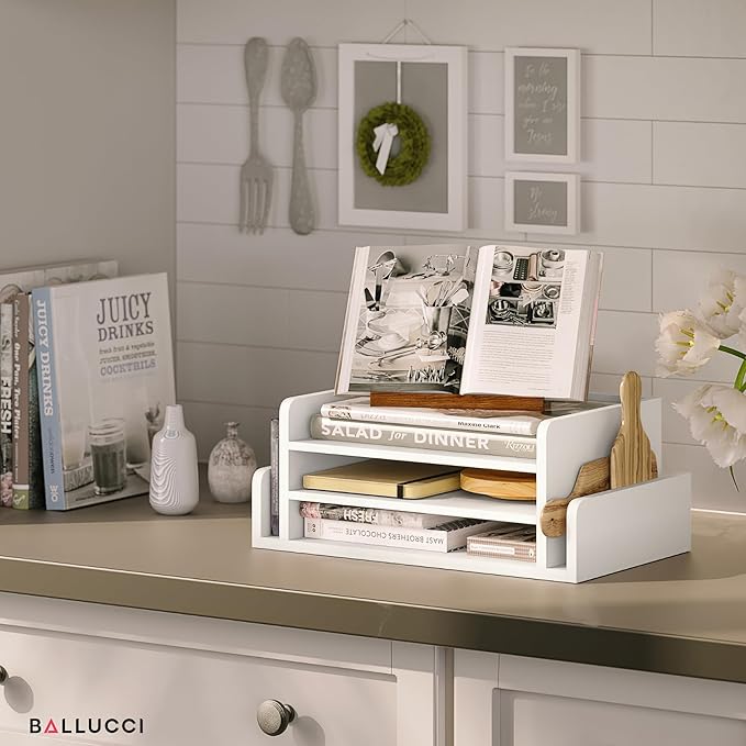 Ballucci 3-Tier Desk Organizer with 2 Side Mail Sorter Slots, Wood Letter Tray, Open Top Paper Organizer, Desktop File Organizer, White