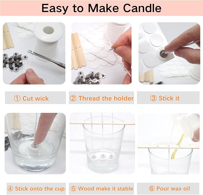 【270 Feet】 Candle Wick Roll with 125 Pcs Metal Candle Wick Sustainer Tabs, 80Pcs Candle Wick Stickers and 5Pcs Wooden Candle Wick Centering Device, 82m Cotton Candle Wicks for Candle Making Kit