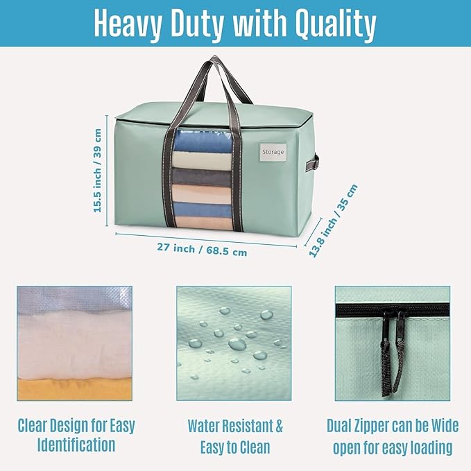 VENO 8 Pack Moving Bags with Clear Window, Heavy Duty Storage Bins with Lid, Around Handles, Tag, Zippers, Extra Large Totes Packing Moving Boxes Supplies for College Dorm Clothes (Light Green)