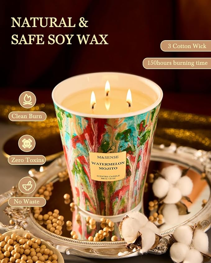 M&SENSE Large Watermelon Scented Soy Candle, 35oz 150 Hours 3-Wick Clean Burning, Natural Spring Candles Party Essential, Family-Friendly Housewarming Gift & Home Fragrance