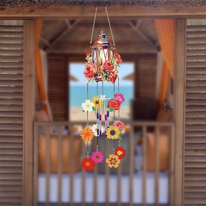 Flowers Diamond Art Wind Chime Suncatcher DIY Kits 5D Diamond Art Painting Wind Chimes Hanging Ornament Set Double Sided Special Shaped Crystal by Number Stitch Pendant for Yard Garden Outdoor Decor