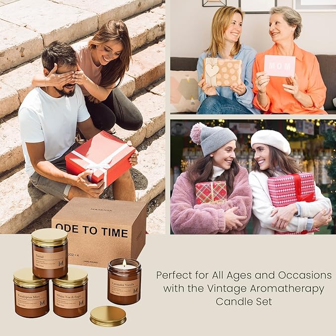M&SENSE 4 Pack Christmas Candle Gift Set, Aromatherapy Candle Gift for Men and Women, Soy Wax Candles Home Scented, Long Lasting Amber Jar Xmas Candles for Christmas, Thanksgiving, Holiday