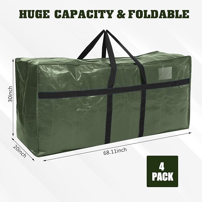 4 Pcs 194 Gallon Extra Large Moving Bags Heavy Duty Storage Bag with Strong Zipper Handle Foldable XXL Jumbo Storage Tote Packing Moving Box for College Dorm Travel Cloth Duffle (Green)
