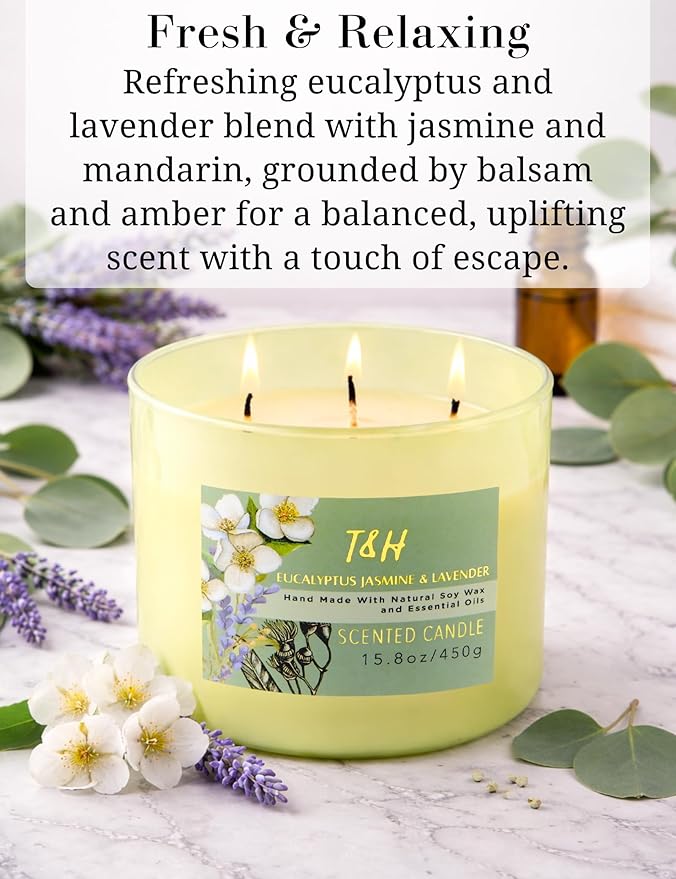 Eucalyptus Jasmine Lavender Scented Candle | 3 Wick Large Soy Candle for Home 15.8oz | Calming Aromatherapy Spa Candle | Strong Scent, Long Lasting, Clean Burn | Stress Relief Gift for Women & Men