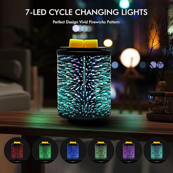 Electric Wax Melt Warmer with Timer (2/4/8H), 7-Color Changing LED Night Light, Removable Silicone Dish, PTC Safe Heating - 3D Glass Design for Home, Office Décor, Gifts for Mom