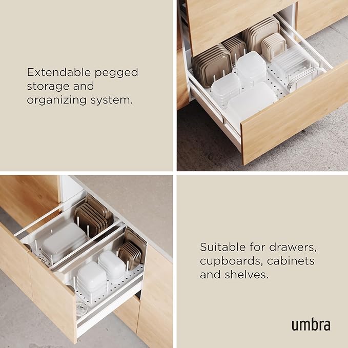 Peggy Kitchen Drawer Cupboard Organizer Tray - Adjustable Storage System For Food Containers, Cookware, Serveware, Utensils and More, White