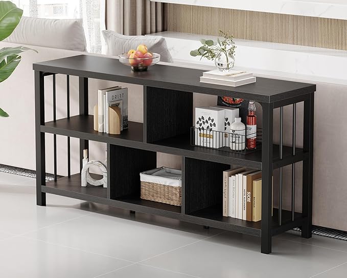IBF 55“ Black Bookshelf, Industrial Open Horizontal Cube Book Shelf, Low Wide Home 5 Cube Storage Organizer Long Shelf for Bedroom, Wood and Metal Cubby Bookcase for Living Room, Black Oak, 55 inch