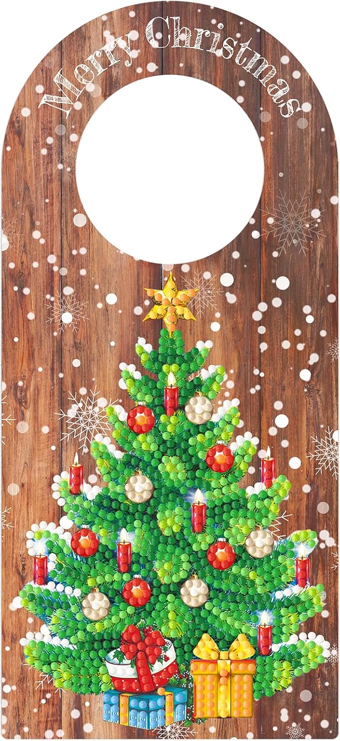 5D Diamond Dots Wood Christmas Door Knob Hanger Ornaments DIY Kit Diamond Art Painting Christmas Tree Hanging Sign Doorknob Pendant Special Shaped Crystal Paint by Number Stitch Room Front Door Decor