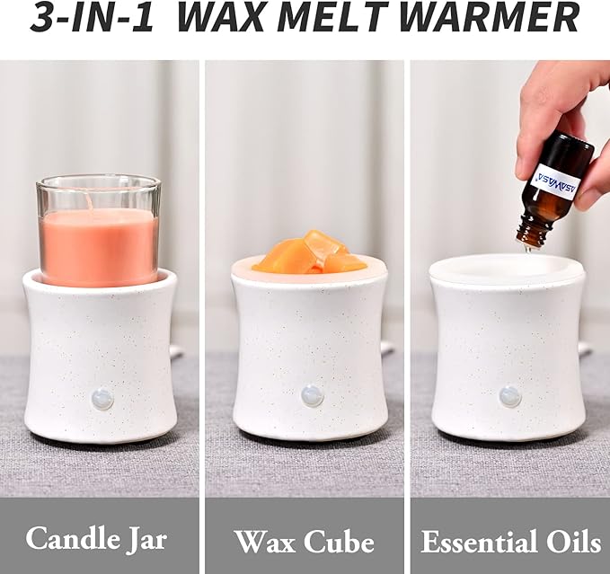 ASAWASA 3 in 1 Ceramic Wax Melt Warmer with 4 Timer and Silicone Dish, Candle Wax Warmer for Scented Wax & Essential Oils,Ideal Gift for Home Office Bedroom Living Room Décor (White)