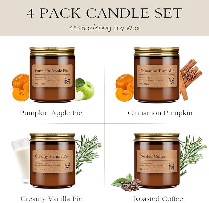 M&SENSE 4 Pack Fall Christmas Candle Gift Set, Aromatherapy Candle Gift for for Men and Women, Soy Wax Candles Home Scented, Long Lasting Amber Jar Xmas Candles for Christmas, Thanksgiving, Holiday