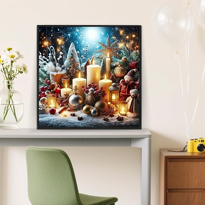 Christmas Candle Light Diamond Painting Kits for Adults, 5D Diamond Art Kits for Adults Beginners, DIY Full Round Drill Diamond Dot Painting Gem Art Kits for Adult, Home Wall Decor 13.8x13.8 Inch