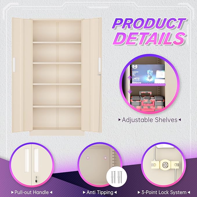 Superday Metal Storage Cabinets, 71" Storage Cabinet with Locking Door, Tall Garage Cabinet with 2 Doors and 4 Adjustable Shelves for Home Office, Classroom, Easy Assemble((Putty)