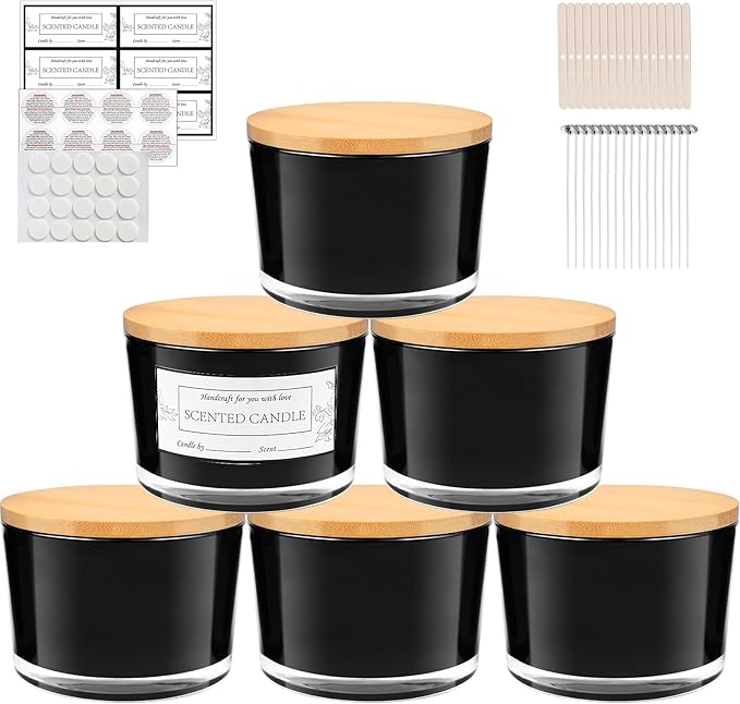CONNOO 6-Pack 16 oz Black Candle Jars - 3-Wick Empty Glass Wide Mouth Candle Jars Come with Bamboo Lids, Sticky Warning Labels, and a Candle Wick Kit for Candle Making - Dishwasher Safe