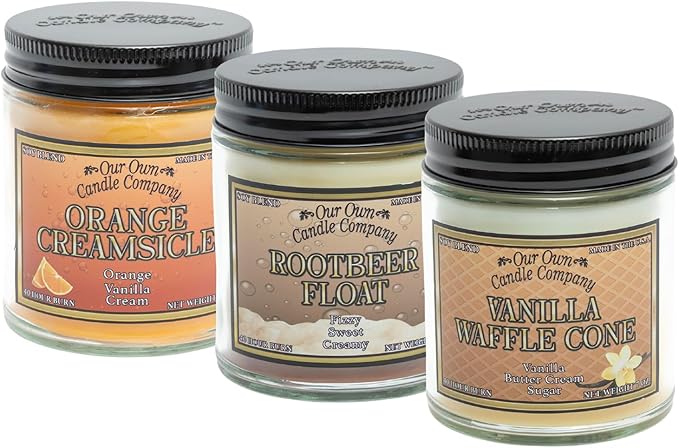 Our Own Candle Company, Orange Creamsicle, Rootbeer Float, Waffle Cone Scented Mason Jar Candles, 40 Hour Burn Time, 7 Ounces (3 Pack)